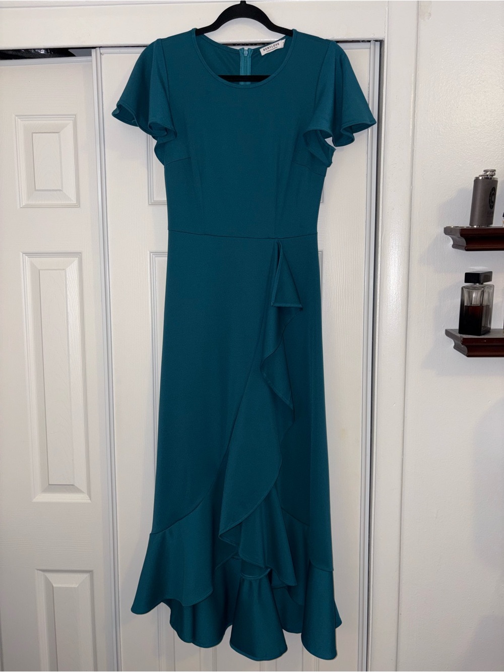 Berrylove Elegant Teal Midi Dress with Ruffle Detail